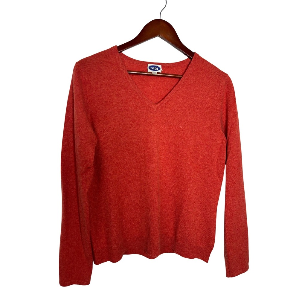 Vintage Tabi Orange Red 100% Cashmere V-Neck Long Sleeve Sweater Womens‎ M